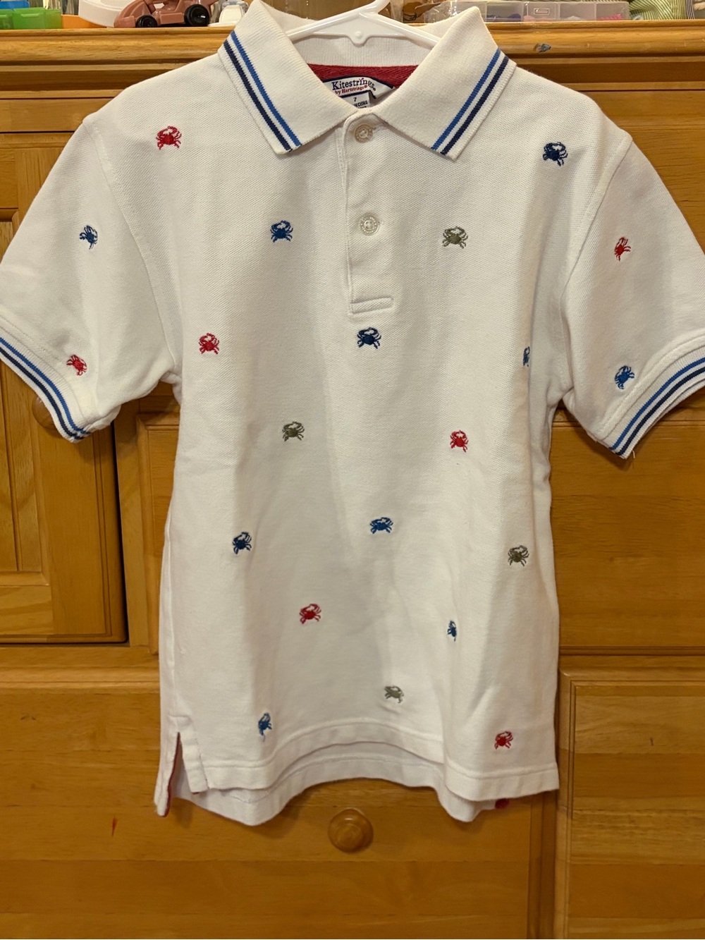 Heartstrings Boy's White Polo Shirt with Multi-Colored Embroidered Crabs Size 7